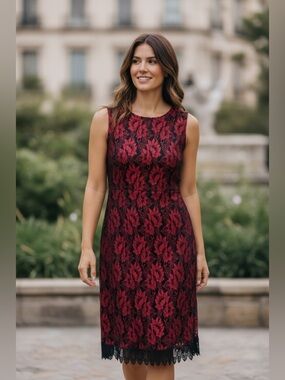 Vintage Sleeveless Jolibel Red/Black Lace Floral Dress-Shows Size 10